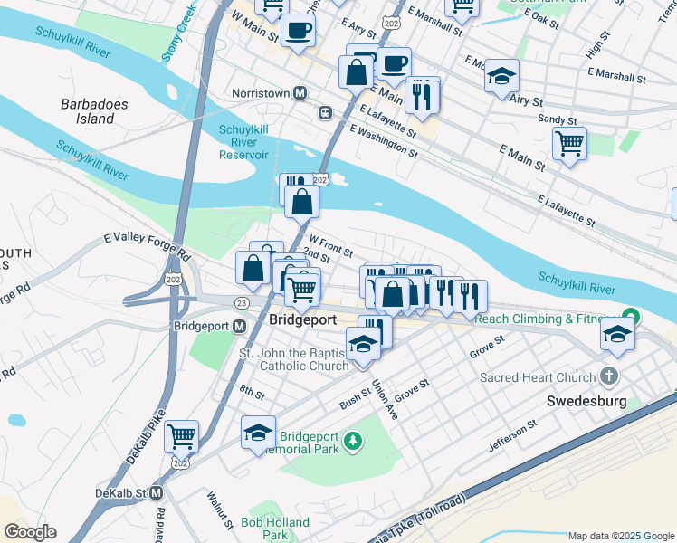 map of restaurants, bars, coffee shops, grocery stores, and more near 205 Mill Street in Bridgeport