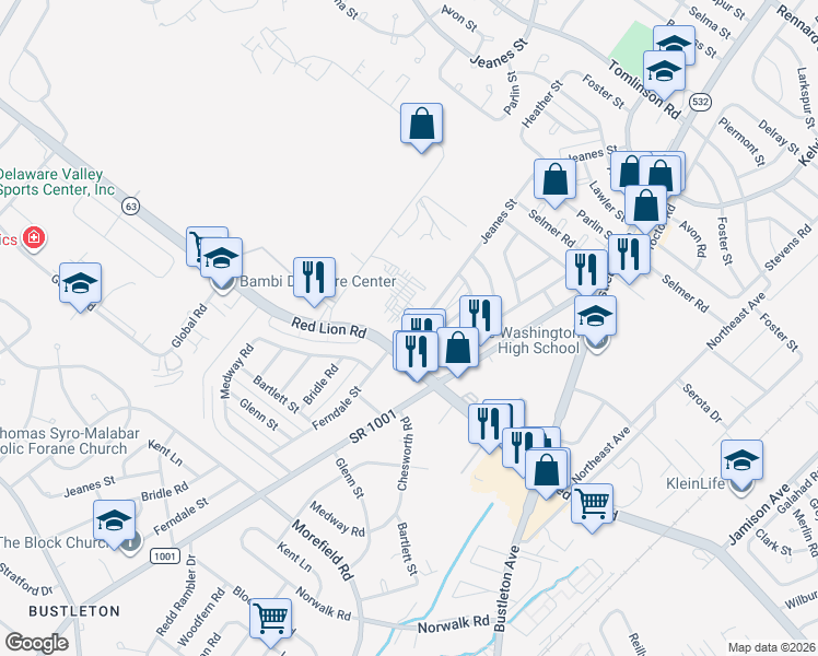 map of restaurants, bars, coffee shops, grocery stores, and more near 10008 Jeanes Street in Philadelphia
