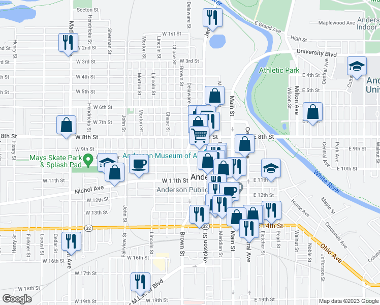 map of restaurants, bars, coffee shops, grocery stores, and more near 137 West 9th Street in Anderson