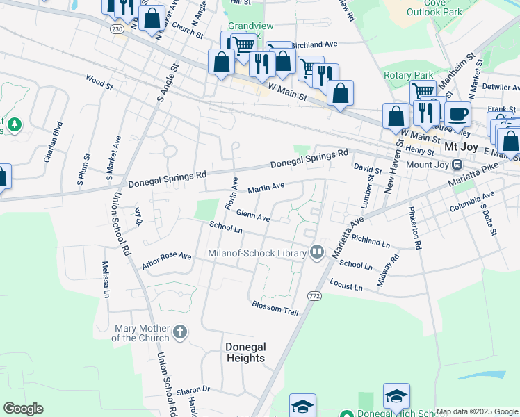 map of restaurants, bars, coffee shops, grocery stores, and more near 436 Sunset Avenue in Mount Joy