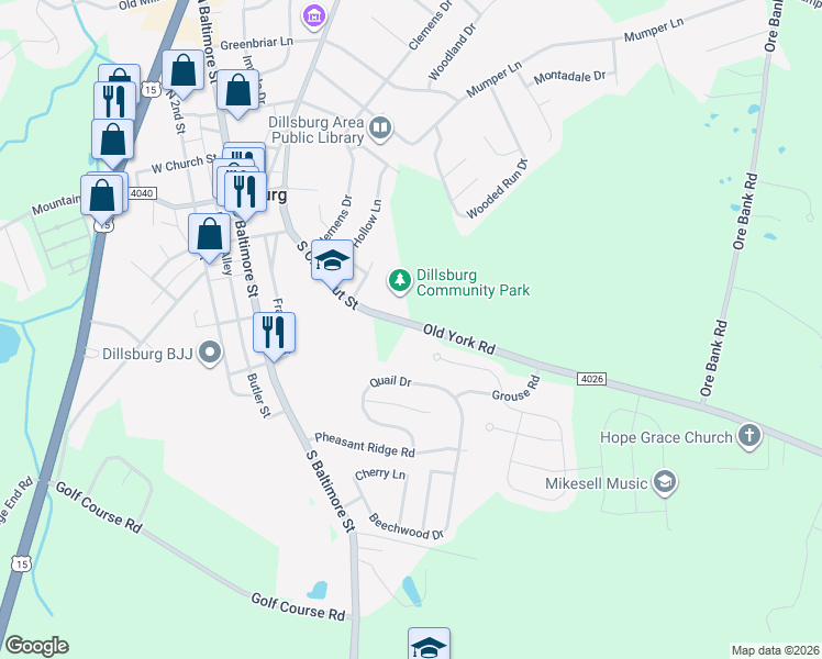 map of restaurants, bars, coffee shops, grocery stores, and more near 20 South Chestnut Street in Dillsburg