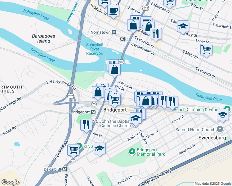 map of restaurants, bars, coffee shops, grocery stores, and more near 130 3rd Street in Bridgeport