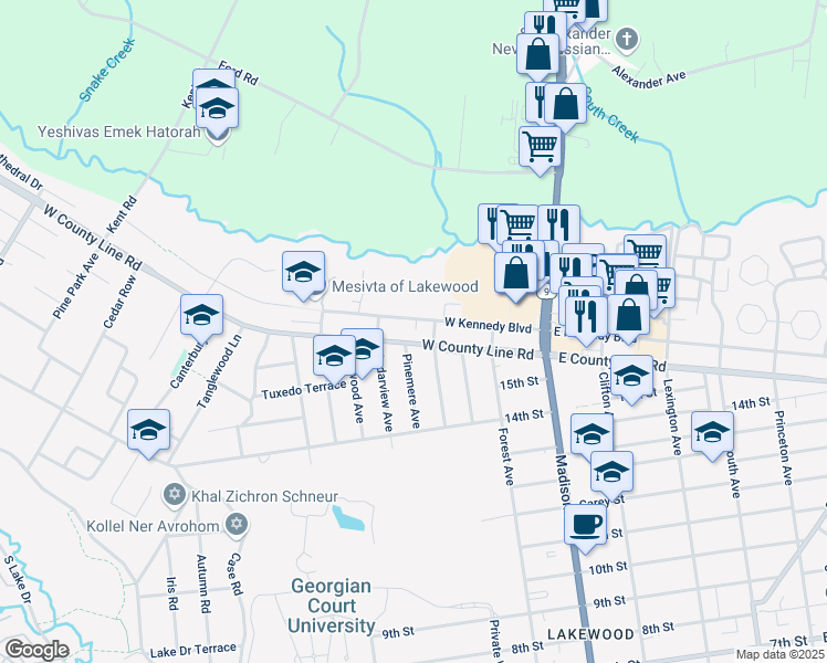 map of restaurants, bars, coffee shops, grocery stores, and more near 537 West County Line Road in Lakewood Township
