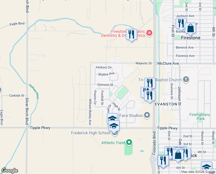 map of restaurants, bars, coffee shops, grocery stores, and more near 5741 Prairie Circle in Longmont