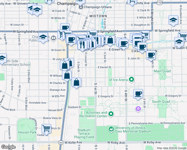 map of restaurants, bars, coffee shops, grocery stores, and more near 911 South 1st Street in Champaign