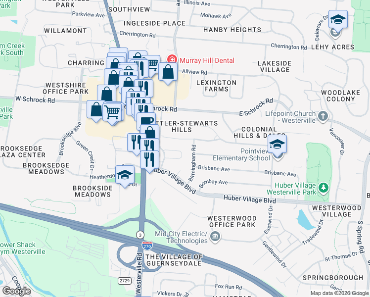 map of restaurants, bars, coffee shops, grocery stores, and more near 102 Dorchester Square in Westerville