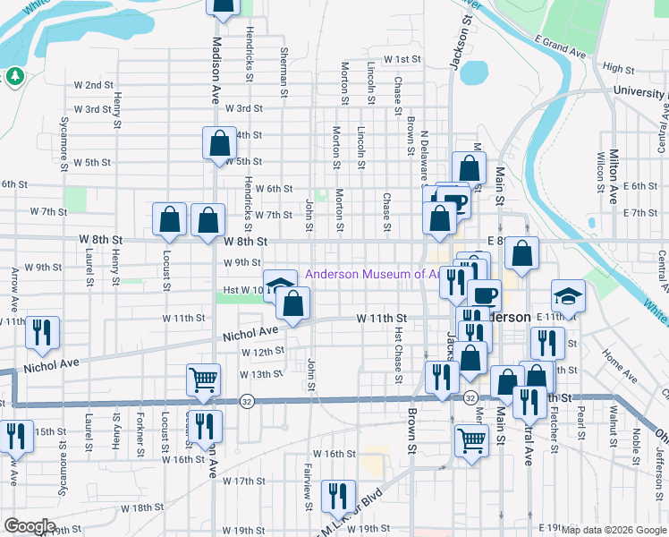 map of restaurants, bars, coffee shops, grocery stores, and more near 505 West 9th Street in Anderson