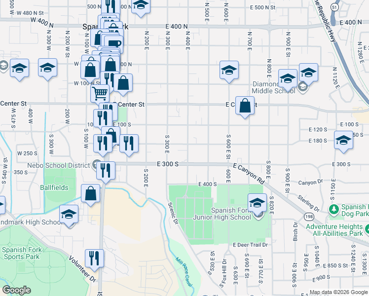 map of restaurants, bars, coffee shops, grocery stores, and more near 220 South 400 East Street in Spanish Fork