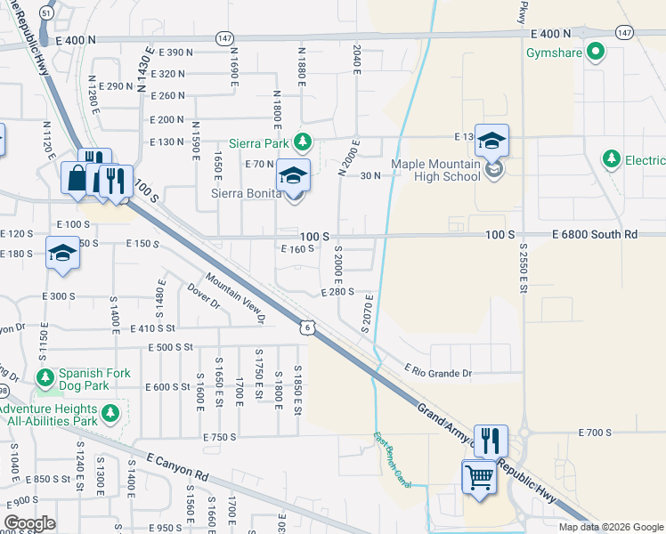 map of restaurants, bars, coffee shops, grocery stores, and more near 196 South 2000 East in Spanish Fork