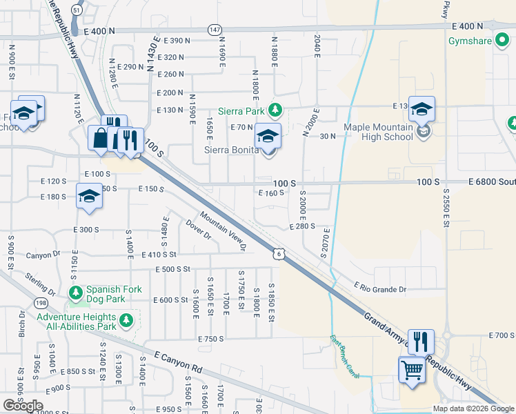 map of restaurants, bars, coffee shops, grocery stores, and more near 202 South 1800 East in Spanish Fork