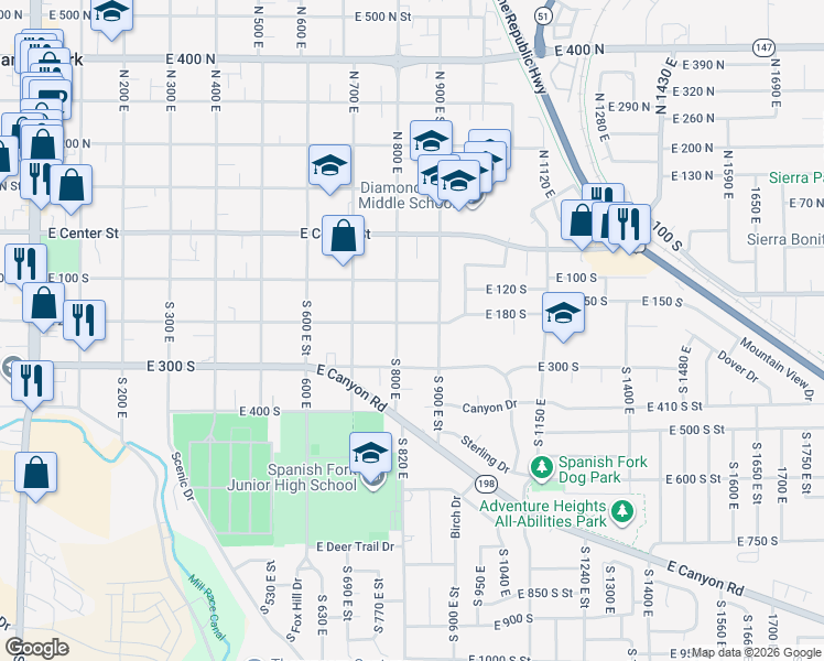 map of restaurants, bars, coffee shops, grocery stores, and more near 211 South 800 East in Spanish Fork
