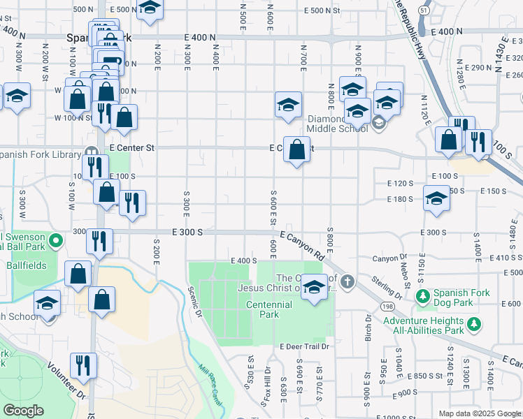 map of restaurants, bars, coffee shops, grocery stores, and more near 560 East 200 South in Spanish Fork