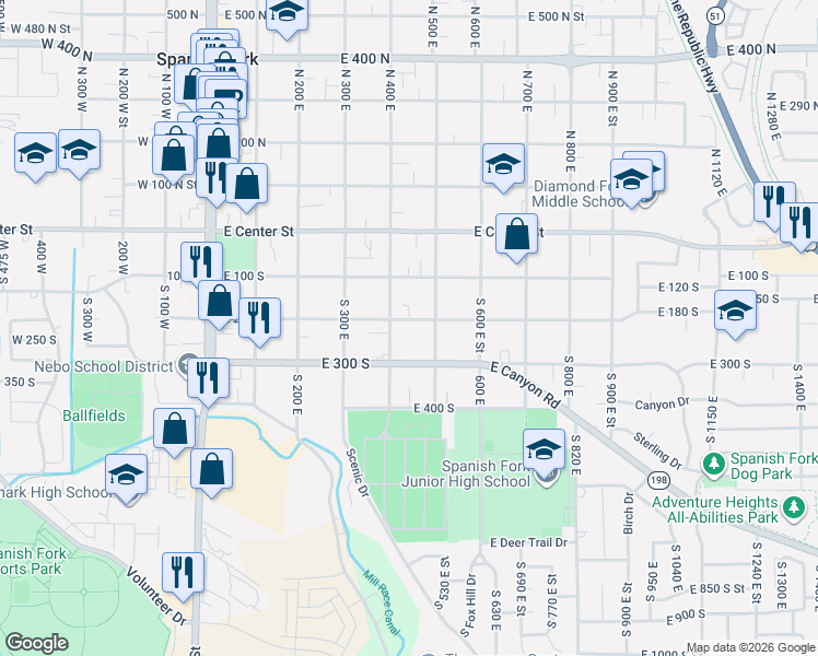 map of restaurants, bars, coffee shops, grocery stores, and more near 476 East 200 South in Spanish Fork