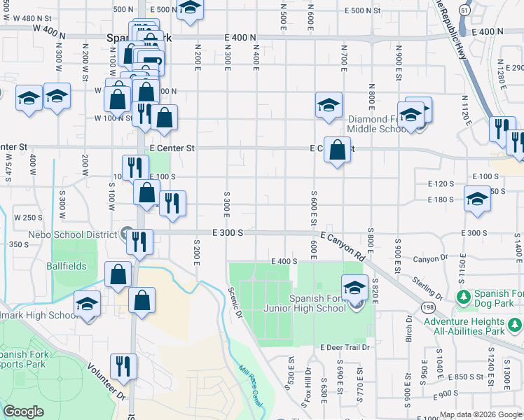 map of restaurants, bars, coffee shops, grocery stores, and more near 220 South 400 East Street in Spanish Fork