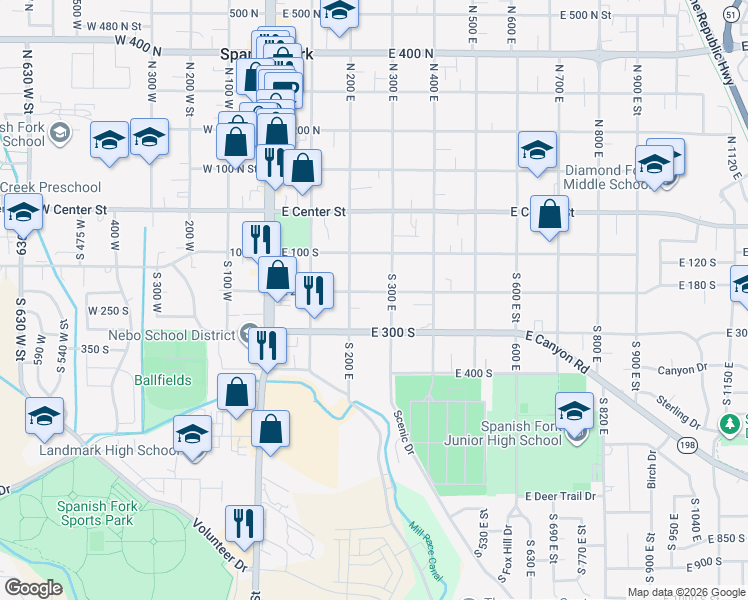 map of restaurants, bars, coffee shops, grocery stores, and more near 211 South 200 East in Spanish Fork