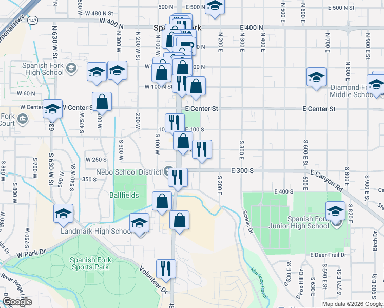 map of restaurants, bars, coffee shops, grocery stores, and more near 44 East 200 South in Spanish Fork
