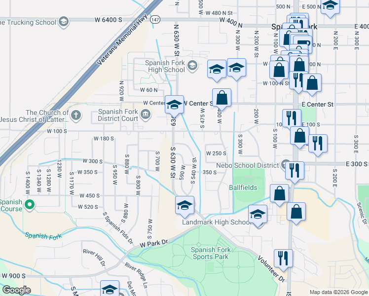 map of restaurants, bars, coffee shops, grocery stores, and more near 579 West 200 South in Spanish Fork