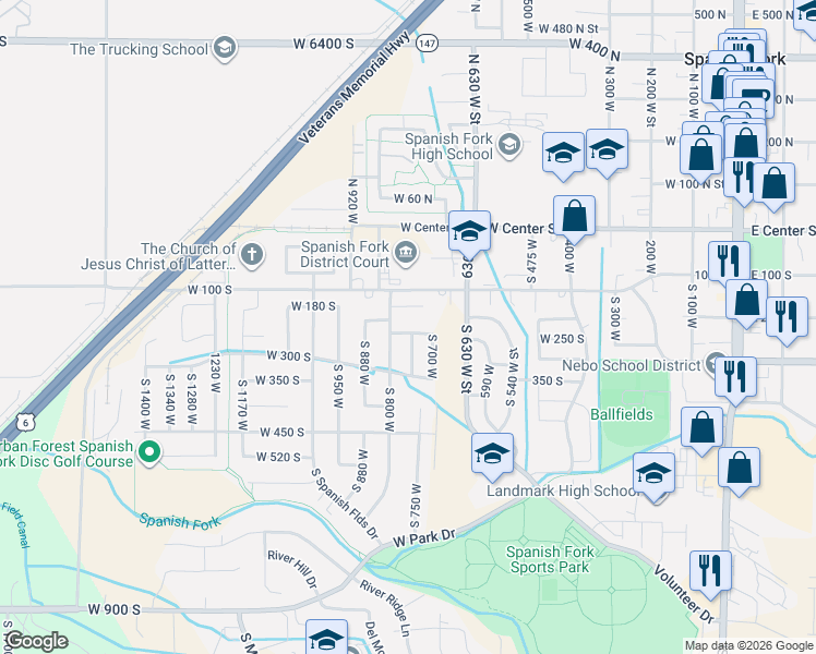 map of restaurants, bars, coffee shops, grocery stores, and more near 748 West 230 South in Spanish Fork