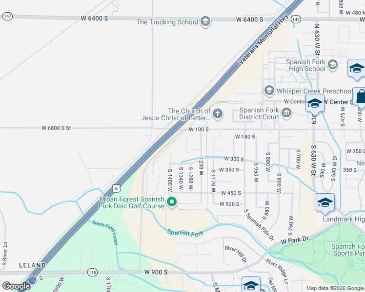 map of restaurants, bars, coffee shops, grocery stores, and more near 223 South 1300 West in Spanish Fork