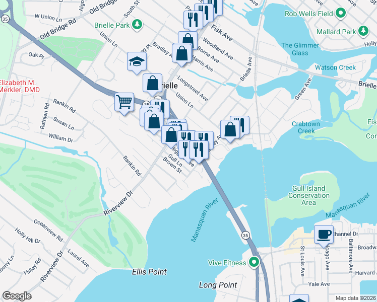 map of restaurants, bars, coffee shops, grocery stores, and more near 417 Euclid Avenue in Brielle