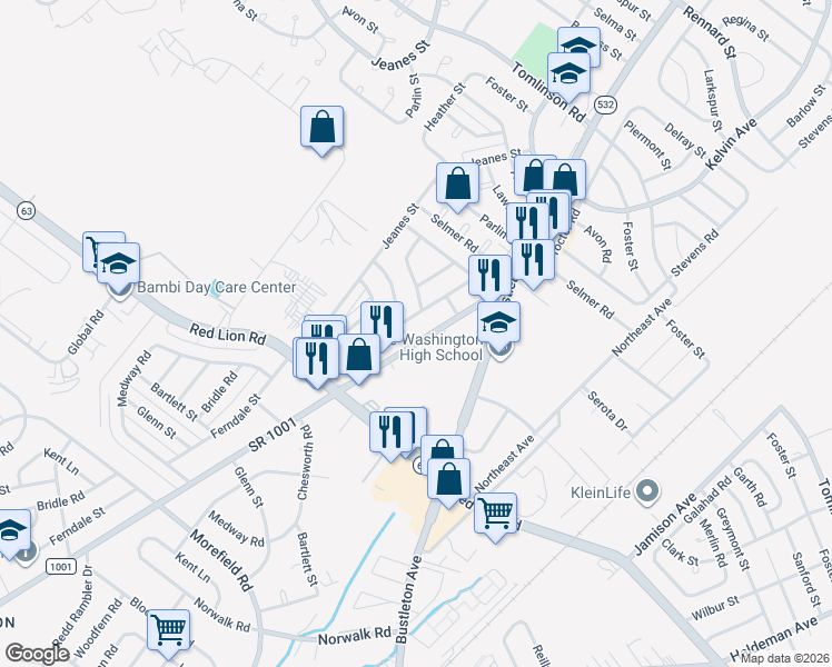 map of restaurants, bars, coffee shops, grocery stores, and more near 10131 Ferndale Street in Philadelphia