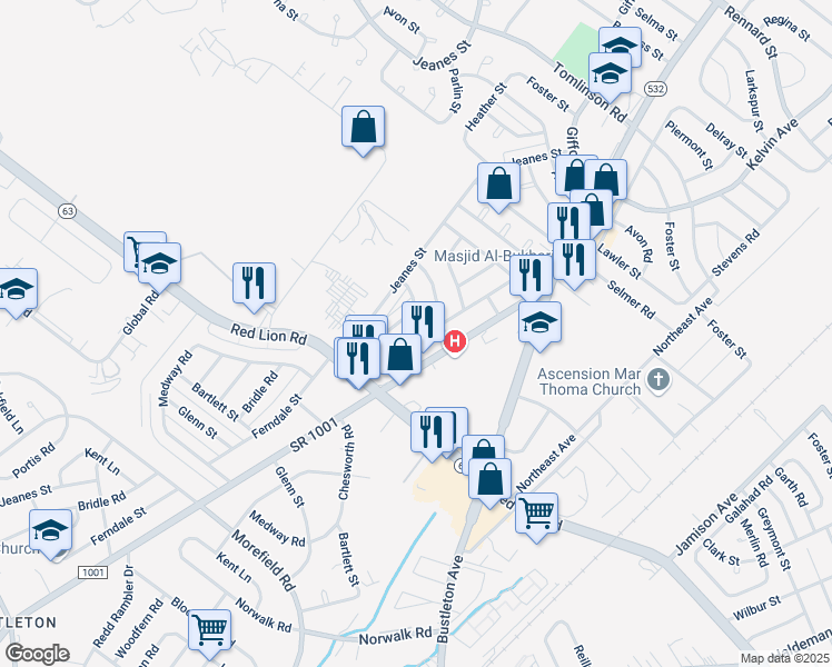 map of restaurants, bars, coffee shops, grocery stores, and more near 10048 Ferndale Street in Philadelphia