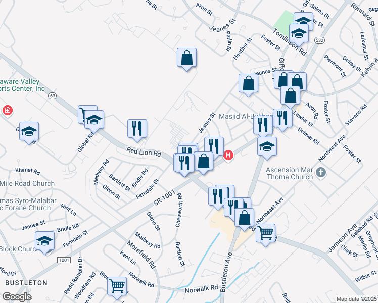 map of restaurants, bars, coffee shops, grocery stores, and more near 10009 Bridle Road in Philadelphia