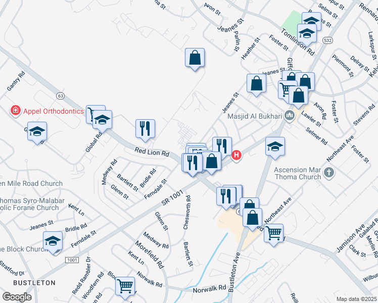 map of restaurants, bars, coffee shops, grocery stores, and more near 10008 Jeanes Street in Philadelphia
