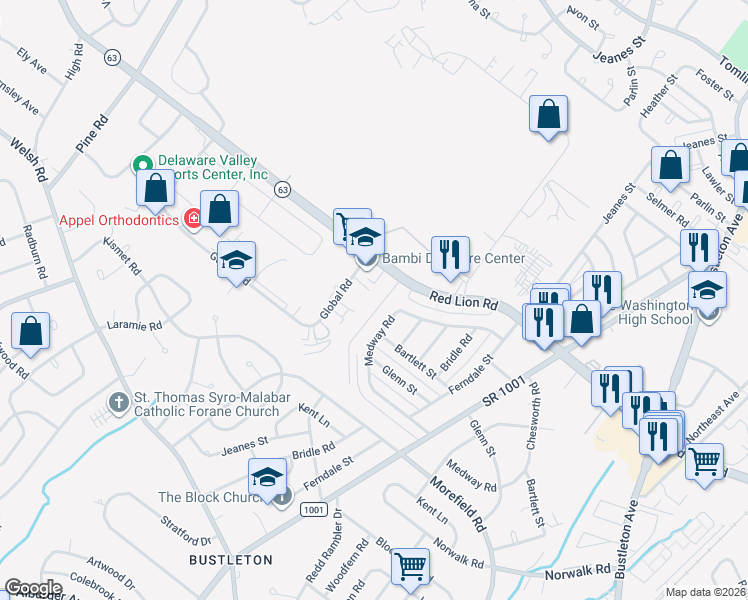 map of restaurants, bars, coffee shops, grocery stores, and more near 9992 Gardenia Lane in Philadelphia