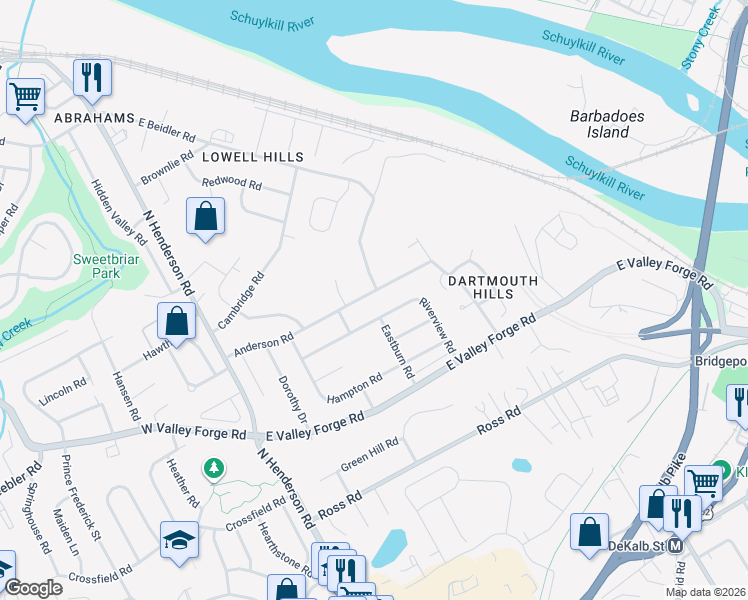 map of restaurants, bars, coffee shops, grocery stores, and more near 287 Anderson Road in King of Prussia