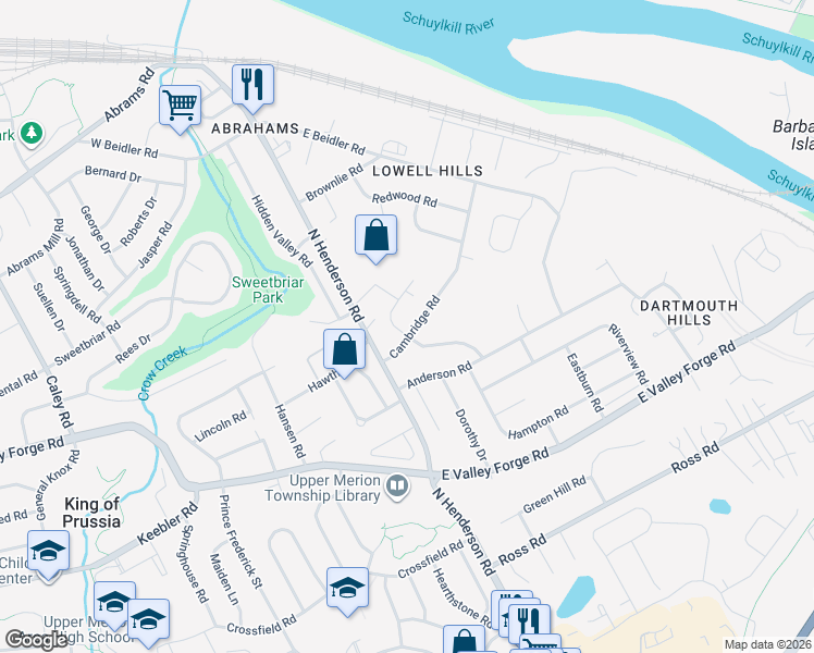 map of restaurants, bars, coffee shops, grocery stores, and more near 133 Cambridge Road in King of Prussia