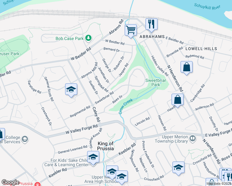 map of restaurants, bars, coffee shops, grocery stores, and more near 336 Sweetbriar Road in King of Prussia
