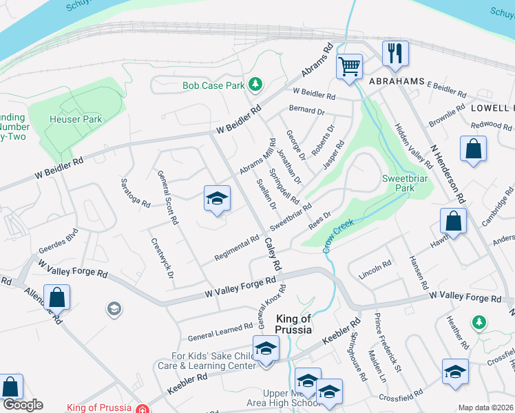 map of restaurants, bars, coffee shops, grocery stores, and more near 711 Suellen Drive in King of Prussia