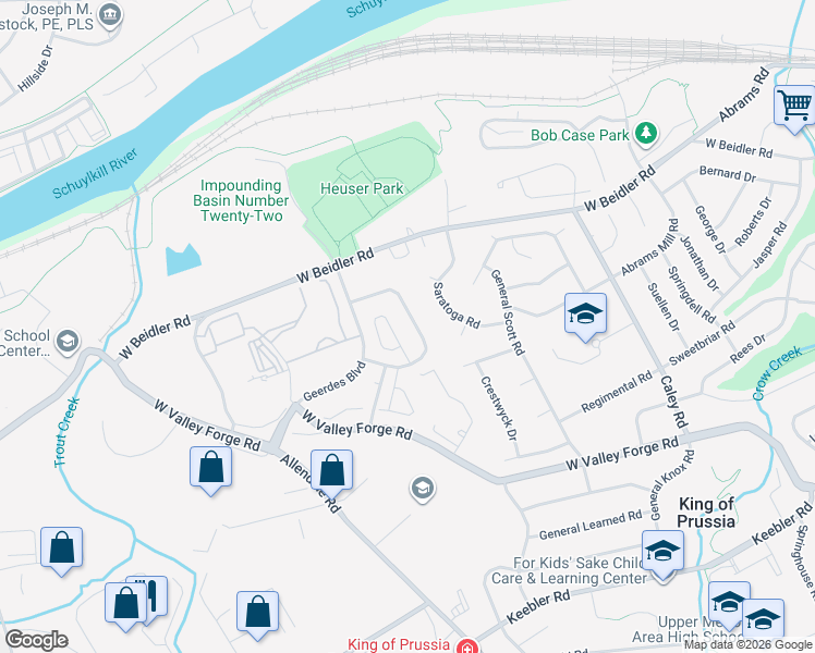 map of restaurants, bars, coffee shops, grocery stores, and more near 737 Whitetail Circle in King of Prussia