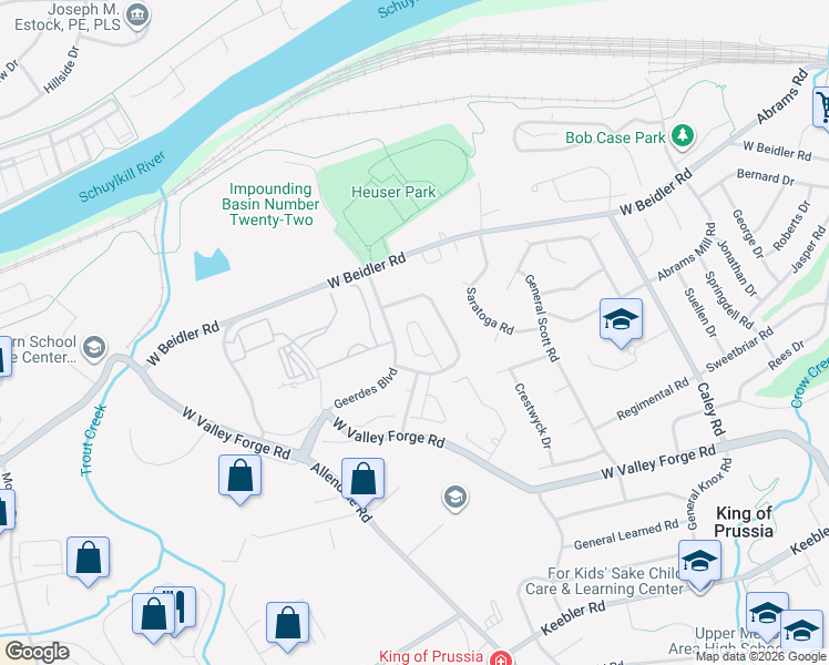 map of restaurants, bars, coffee shops, grocery stores, and more near 737 Whitetail Circle in King of Prussia