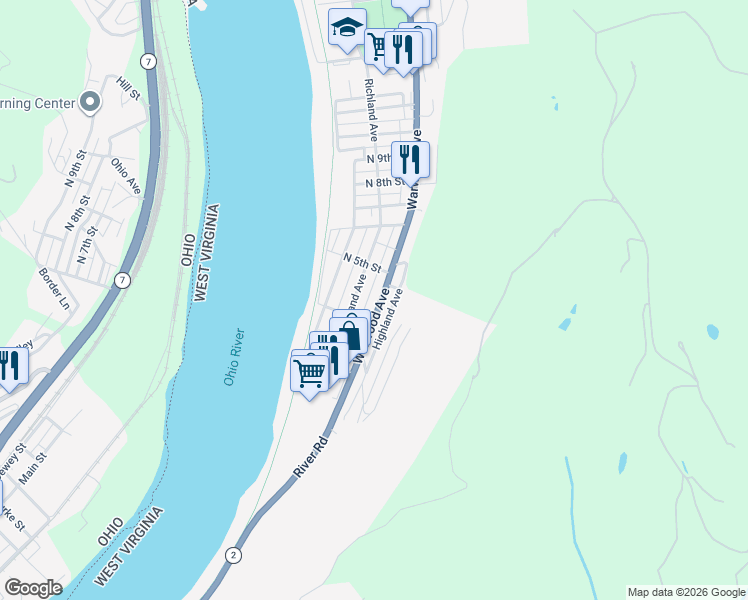 map of restaurants, bars, coffee shops, grocery stores, and more near 419 Warwood Avenue in Wheeling