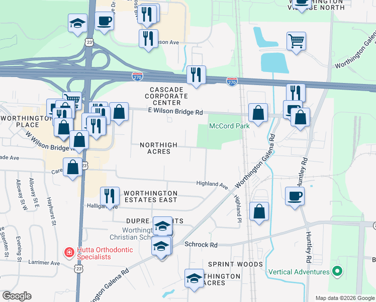 map of restaurants, bars, coffee shops, grocery stores, and more near 219 Northigh Drive in Worthington