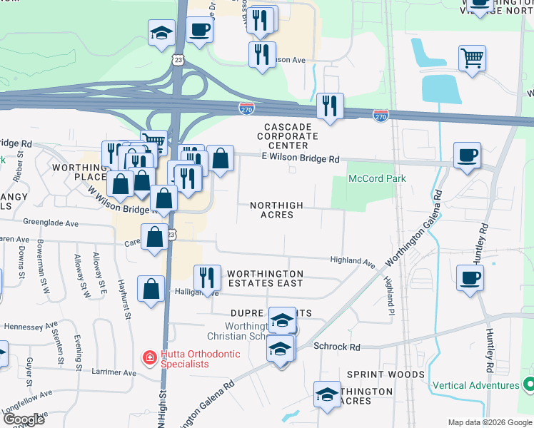 map of restaurants, bars, coffee shops, grocery stores, and more near 139 Northigh Drive in Worthington