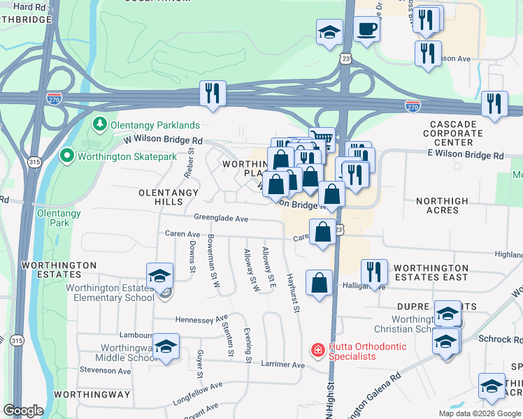 map of restaurants, bars, coffee shops, grocery stores, and more near 117 Saint Julien Street in Worthington