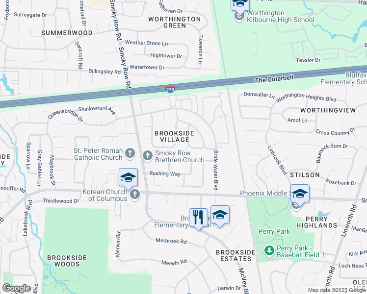map of restaurants, bars, coffee shops, grocery stores, and more near 7339 Schoolcraft Ln in Columbus