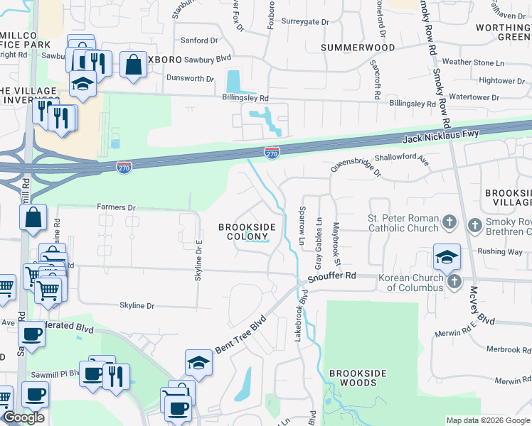 map of restaurants, bars, coffee shops, grocery stores, and more near 2244 Starleaf Lane in Columbus