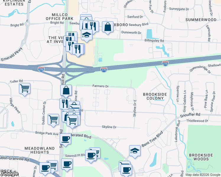 map of restaurants, bars, coffee shops, grocery stores, and more near 7404 Chaparral Road in Columbus