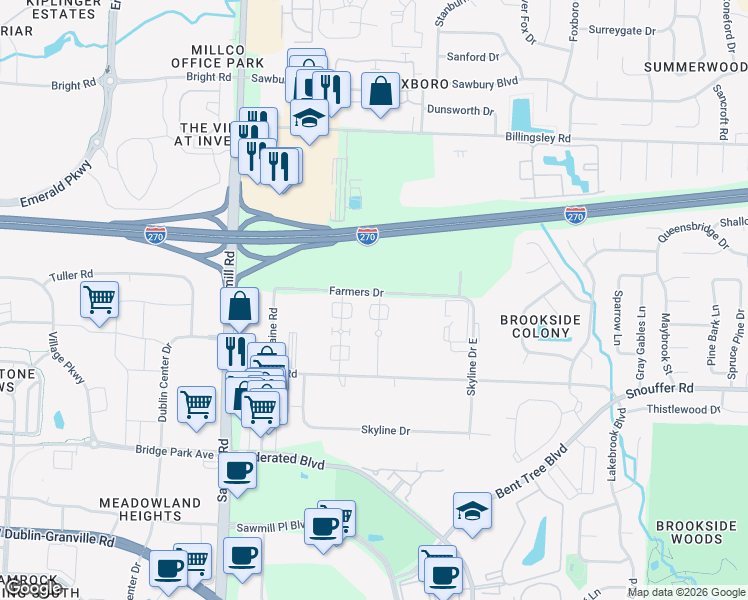 map of restaurants, bars, coffee shops, grocery stores, and more near 7417 Chaparral Road in Columbus