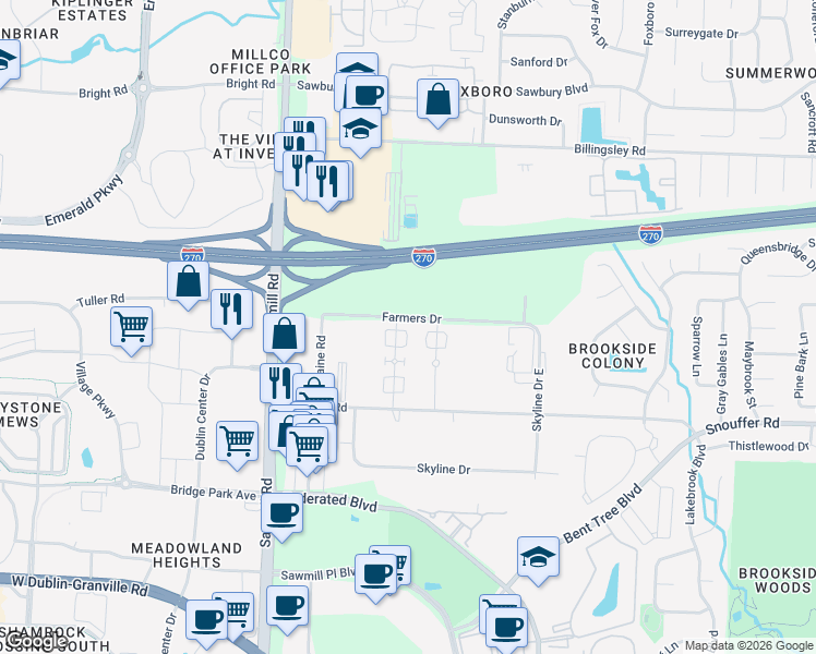 map of restaurants, bars, coffee shops, grocery stores, and more near 7417 Cimmaron Station in Columbus