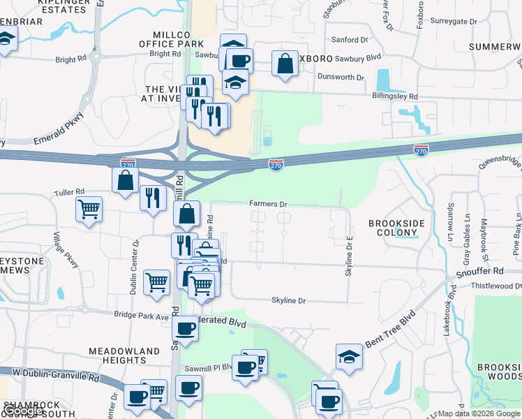 map of restaurants, bars, coffee shops, grocery stores, and more near 7417 Cimmaron Station in Columbus