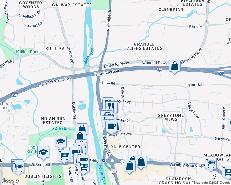 map of restaurants, bars, coffee shops, grocery stores, and more near 4500 John Shields Parkway in Dublin