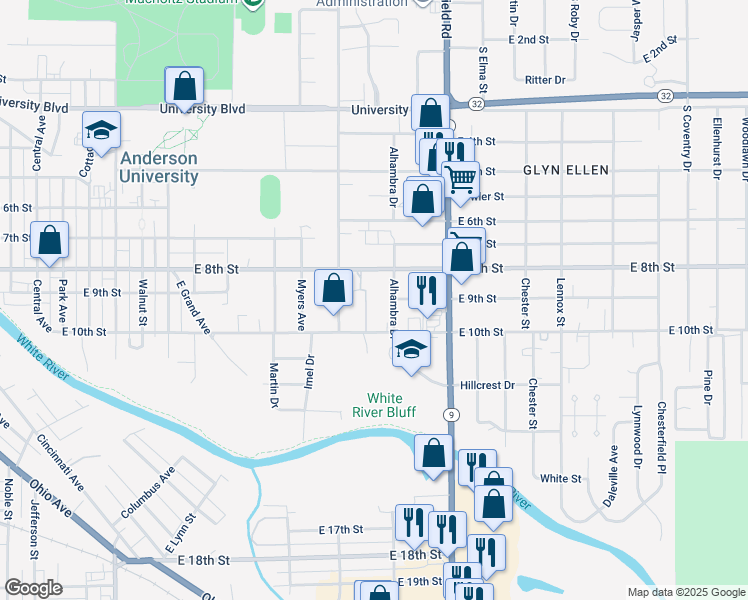 map of restaurants, bars, coffee shops, grocery stores, and more near 1823 East 8th Street in Anderson