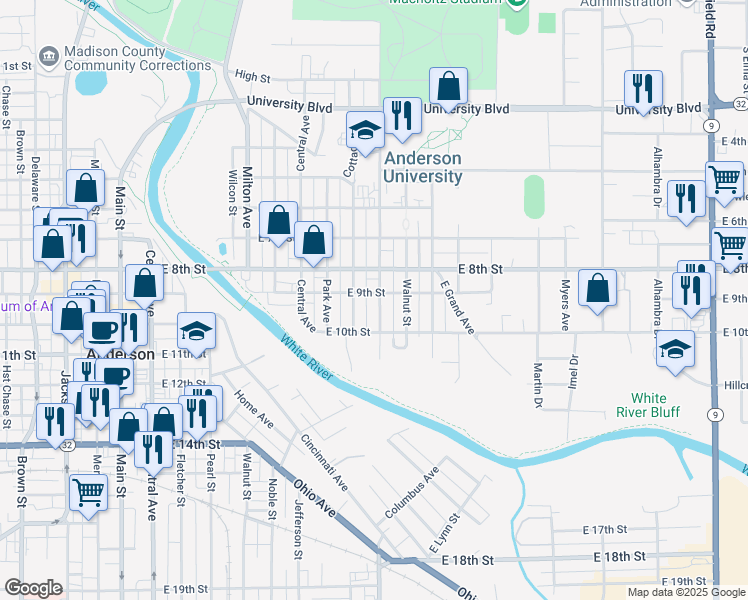map of restaurants, bars, coffee shops, grocery stores, and more near 902 Cottage Avenue in Anderson