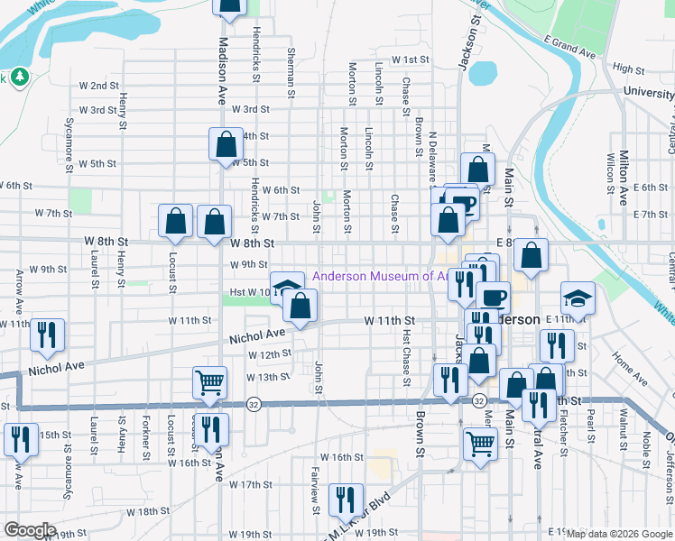 map of restaurants, bars, coffee shops, grocery stores, and more near 505 West 9th Street in Anderson