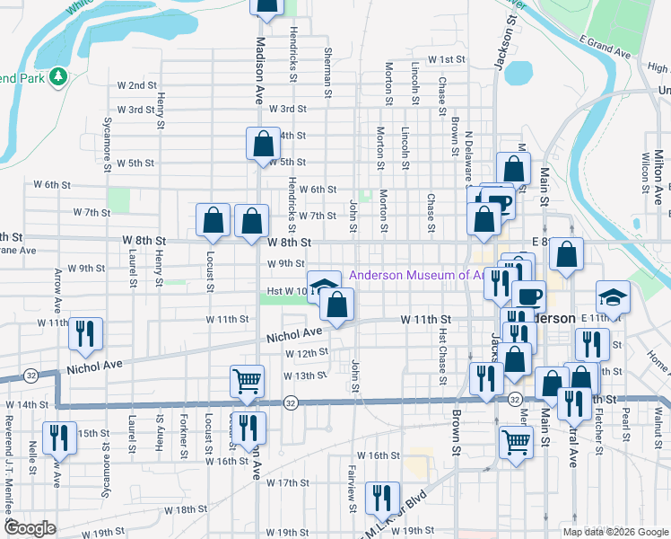 map of restaurants, bars, coffee shops, grocery stores, and more near 707 West 9th Street in Anderson
